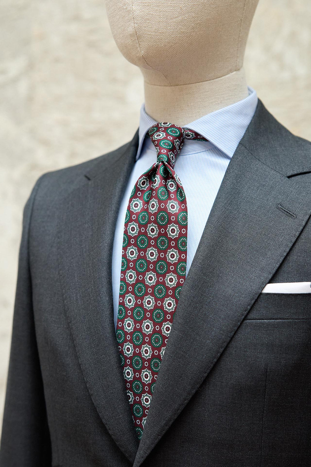 Corbata Napoli Seda Burdeos Geometría Verde Blanca y Burdeos