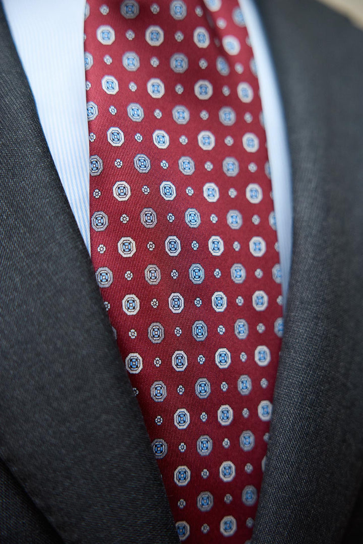 Napoli Red Silk Tie Geometry White Bone