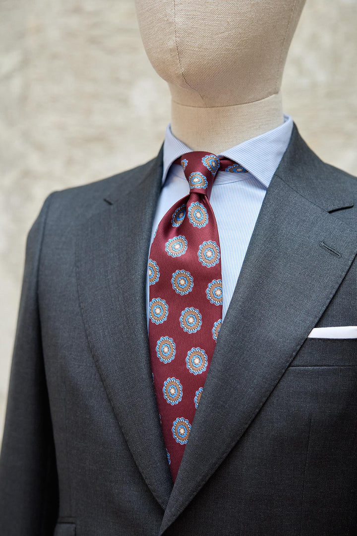 Napoli Silk Tie Burgundy Concentric Rosette Sky Blue and Ochre