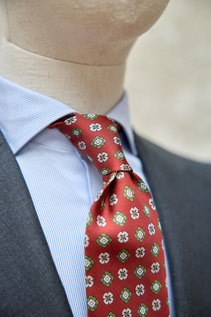 Napoli Silk Tie Burgundy Daisy Bone Geometry Olive