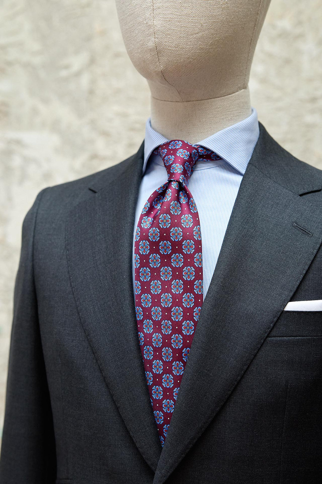 Napoli Silk Tie Burgundy Geometry Light Blue Rosette