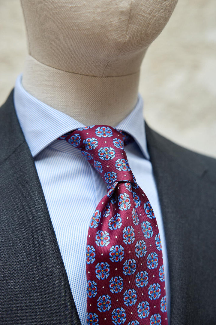 Napoli Silk Tie Burgundy Geometry Light Blue Rosette