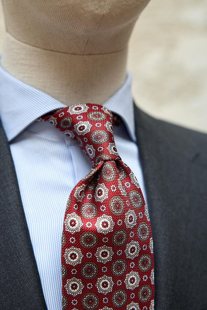 Olive Green Heron Silk Tie Light Blue Daisy and Ocher Rudder