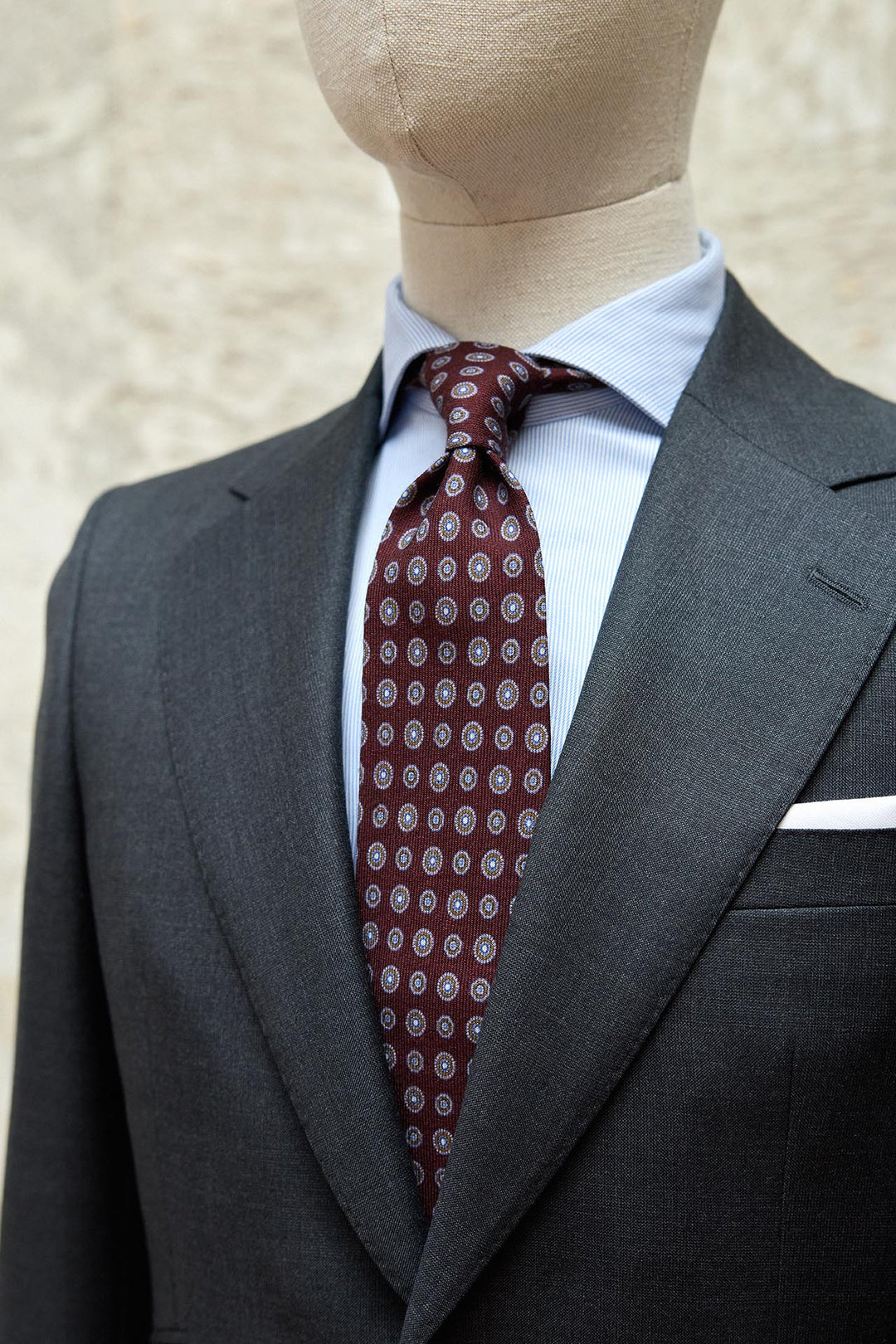 Napoli Burgundy Wool Tie with Off-White and Ochre Shields