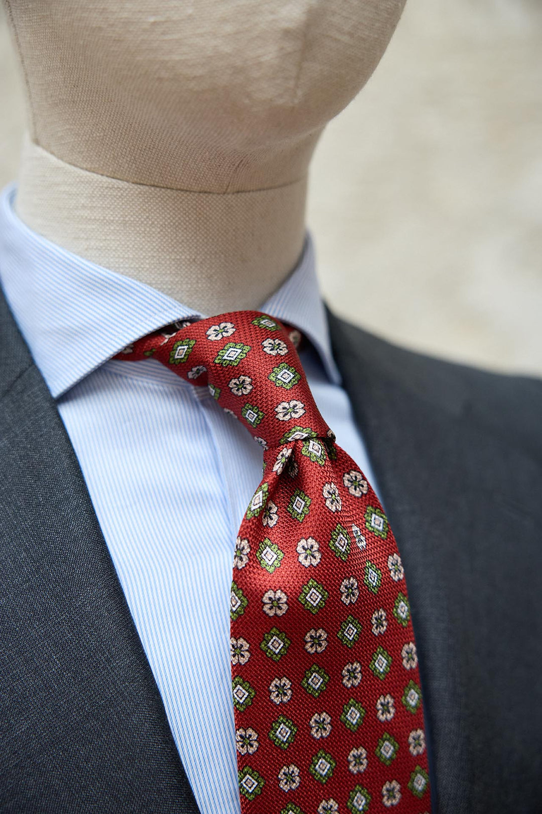 Olive Green Heron Silk Tie Light Blue Daisy and Ocher Rudder