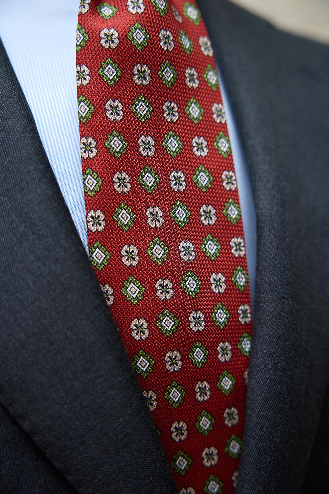 Olive Green Heron Silk Tie Light Blue Daisy and Ocher Rudder