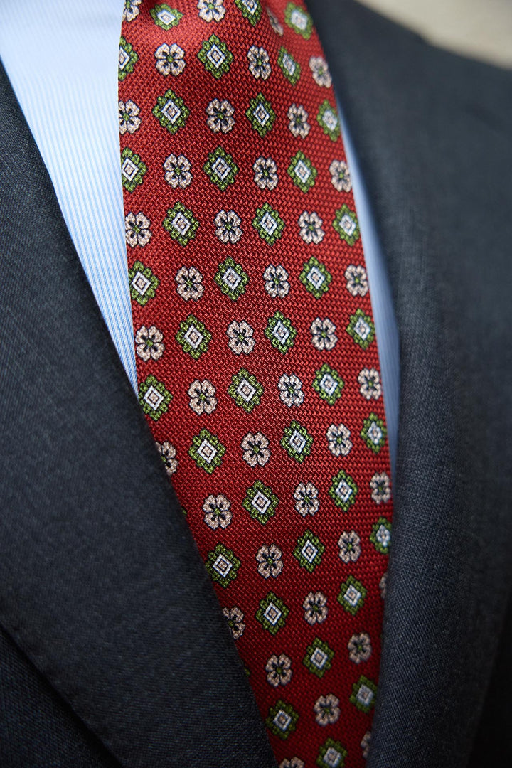 Olive Green Heron Silk Tie Light Blue Daisy and Ocher Rudder