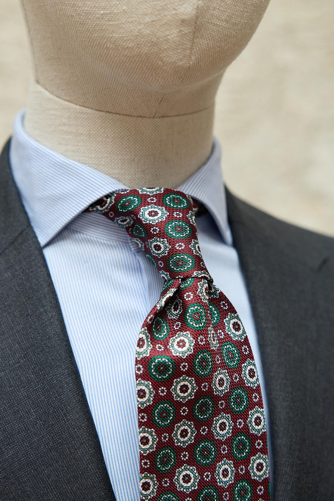 Olive Green Heron Silk Tie Light Blue Daisy and Ocher Rudder