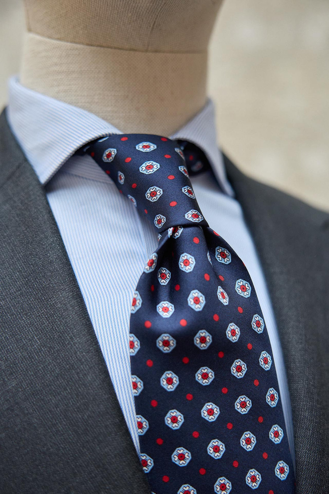 Napoli Silk Tie Light Blue, Burgundy and White Geometry