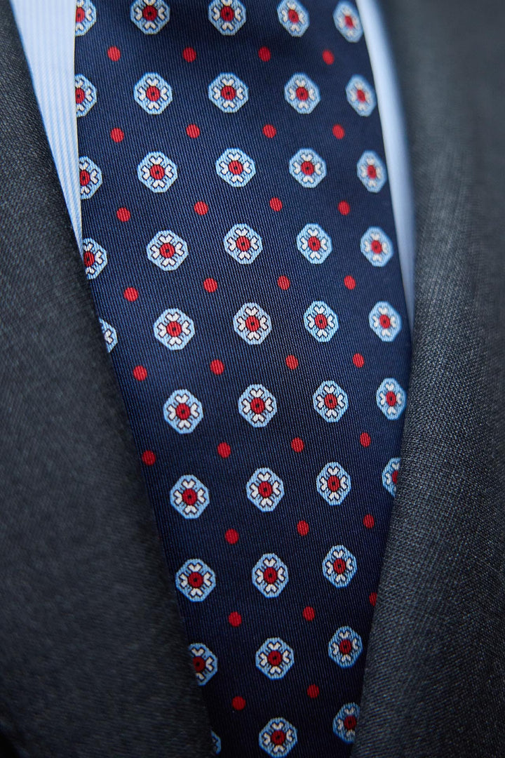 Napoli Silk Tie Light Blue, Burgundy and White Geometry