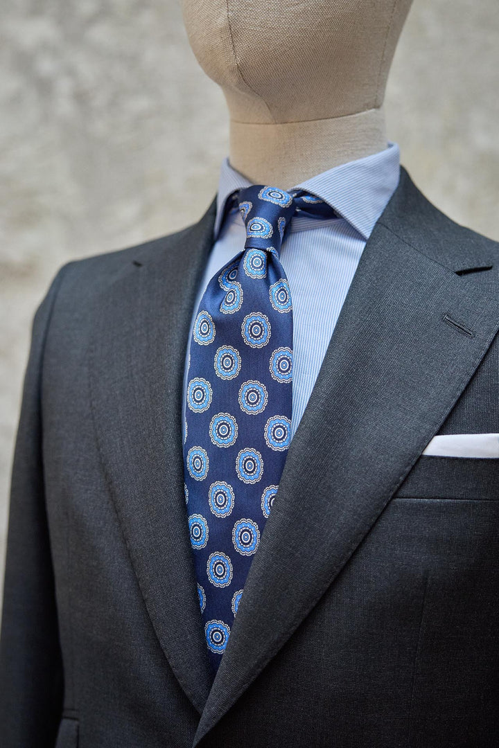 Napoli Navy Blue Silk Tie with White and Light Blue Medallions