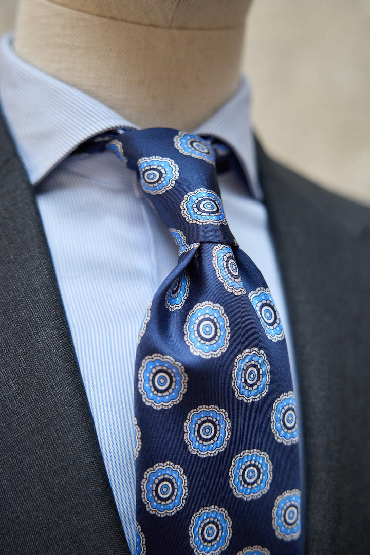 Napoli Navy Blue Silk Tie with White and Light Blue Medallions