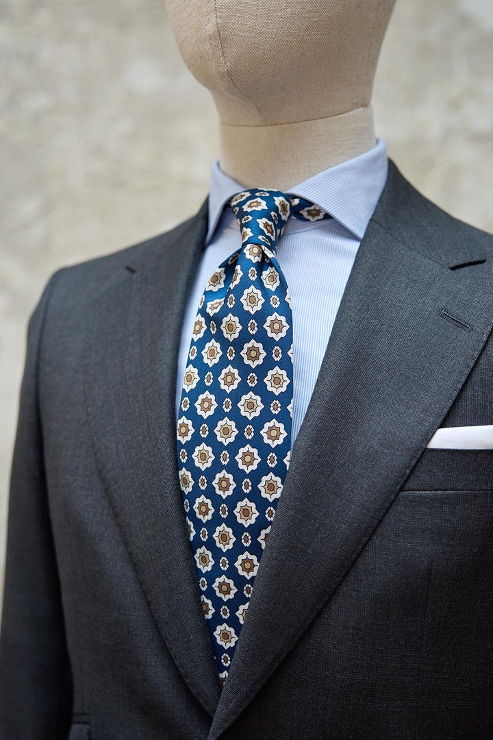 Napoli Silk Tie Royal Blue Starry Geometry XL Latte, Brown and White