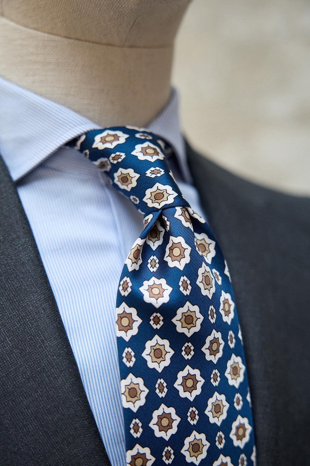 Napoli Silk Tie Royal Blue Starry Geometry XL Latte, Brown and White