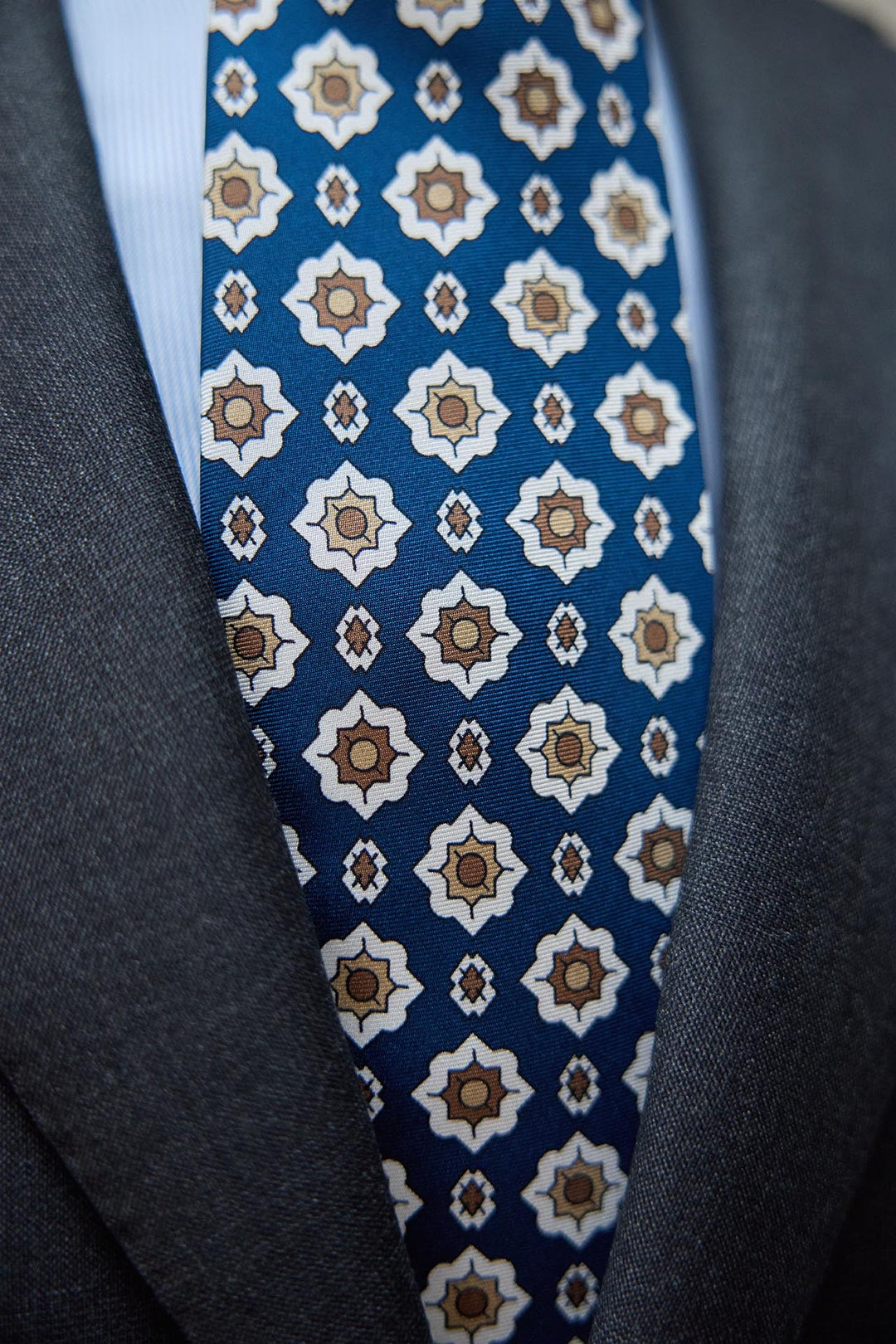 Napoli Silk Tie Royal Blue Starry Geometry XL Latte, Brown and White