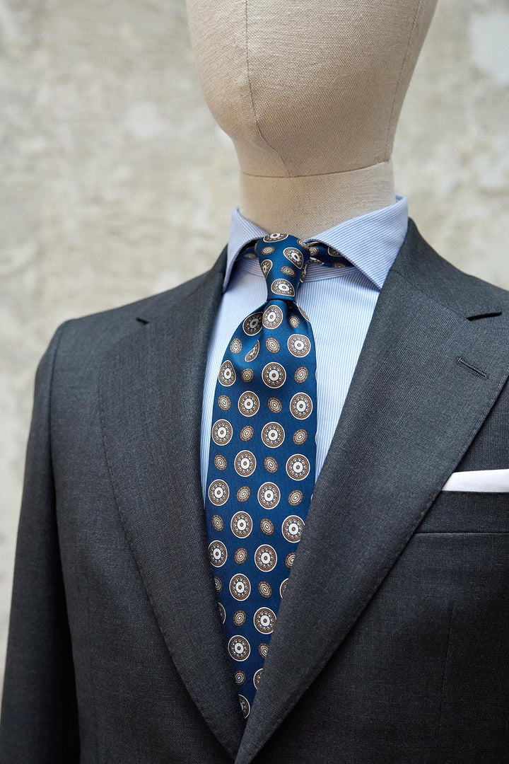 Corbata Napoli Seda Azul Royal Geometría Circular Latte y Blanca