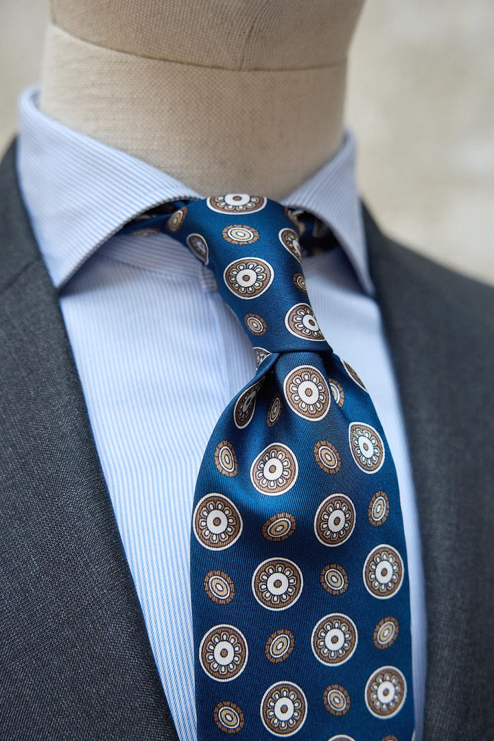 Napoli Royal Blue Silk Tie Latte and White Circular Geometry