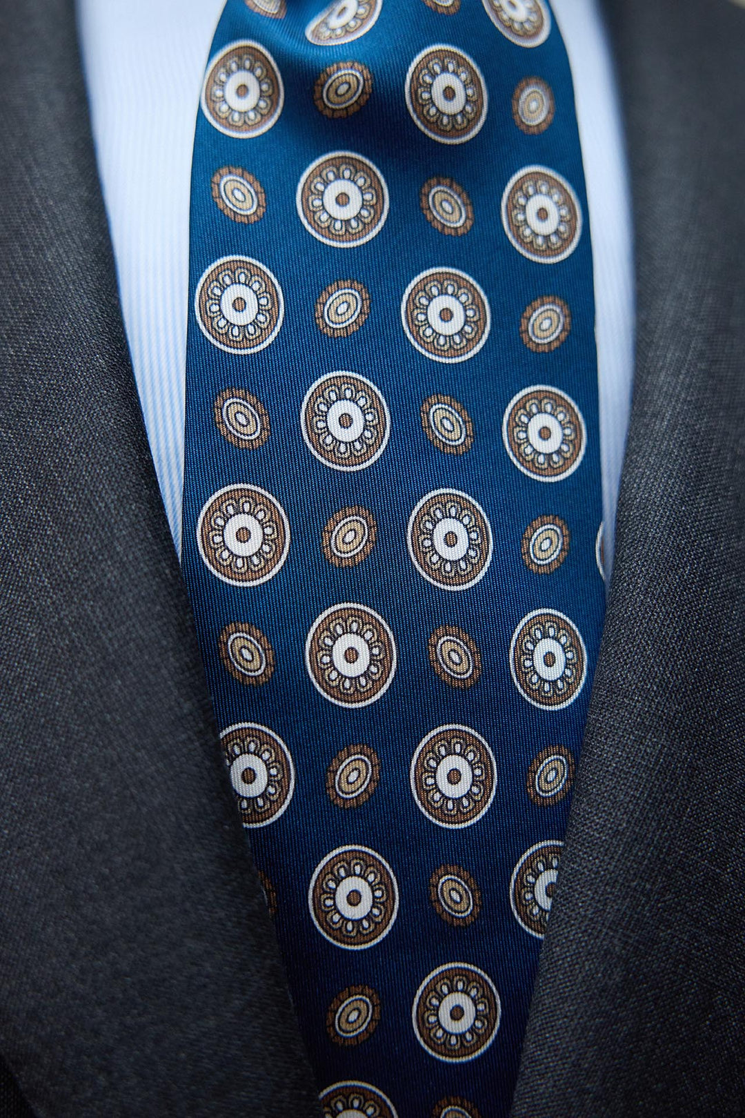 Napoli Royal Blue Silk Tie Latte and White Circular Geometry