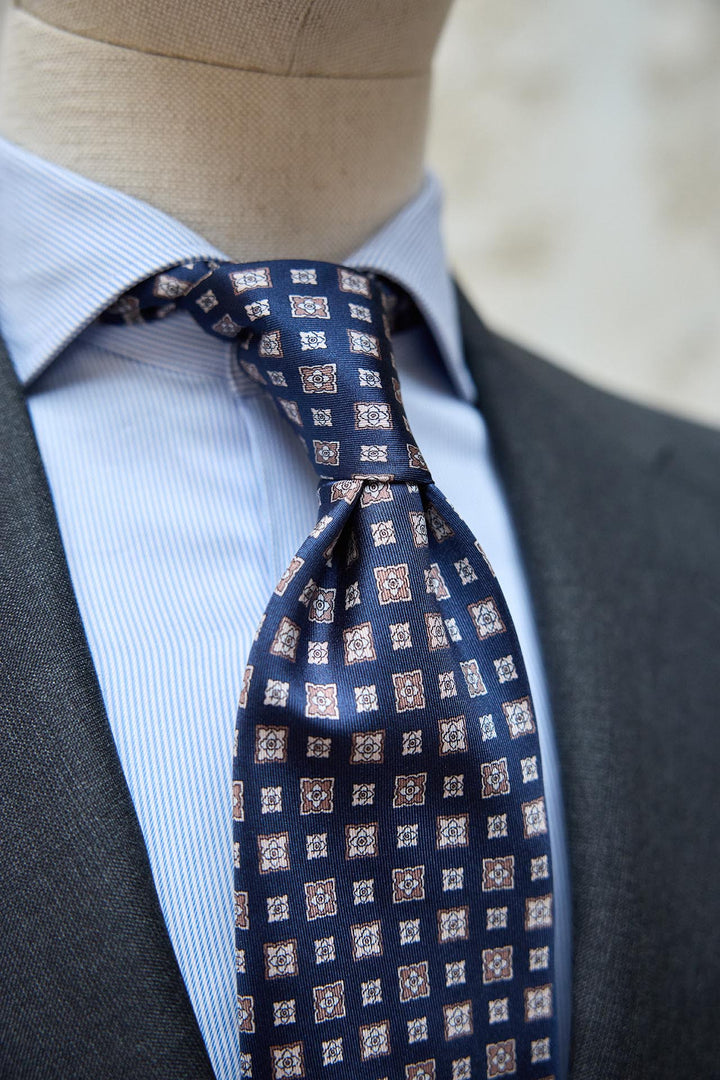 Napoli Silk Tie Navy Blue Mixed Geometry White Bone