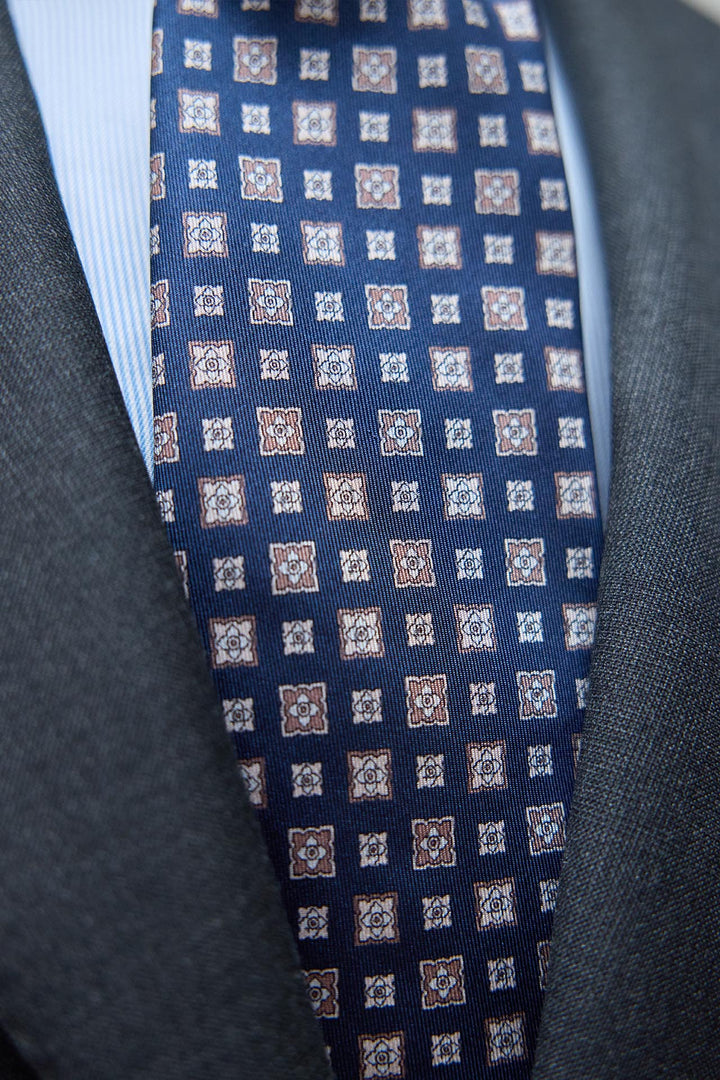 Napoli Silk Tie Navy Blue Mixed Geometry White Bone