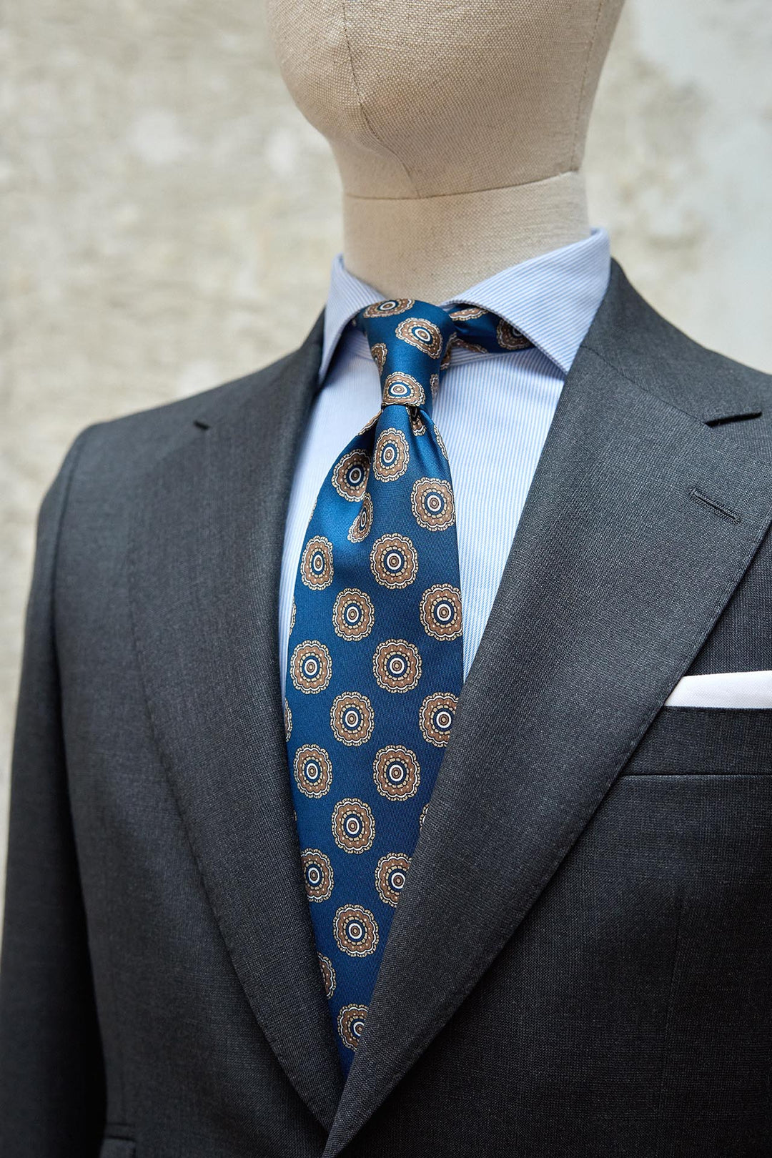 Oxford Blue Silk Tie with Brown and White Medallions