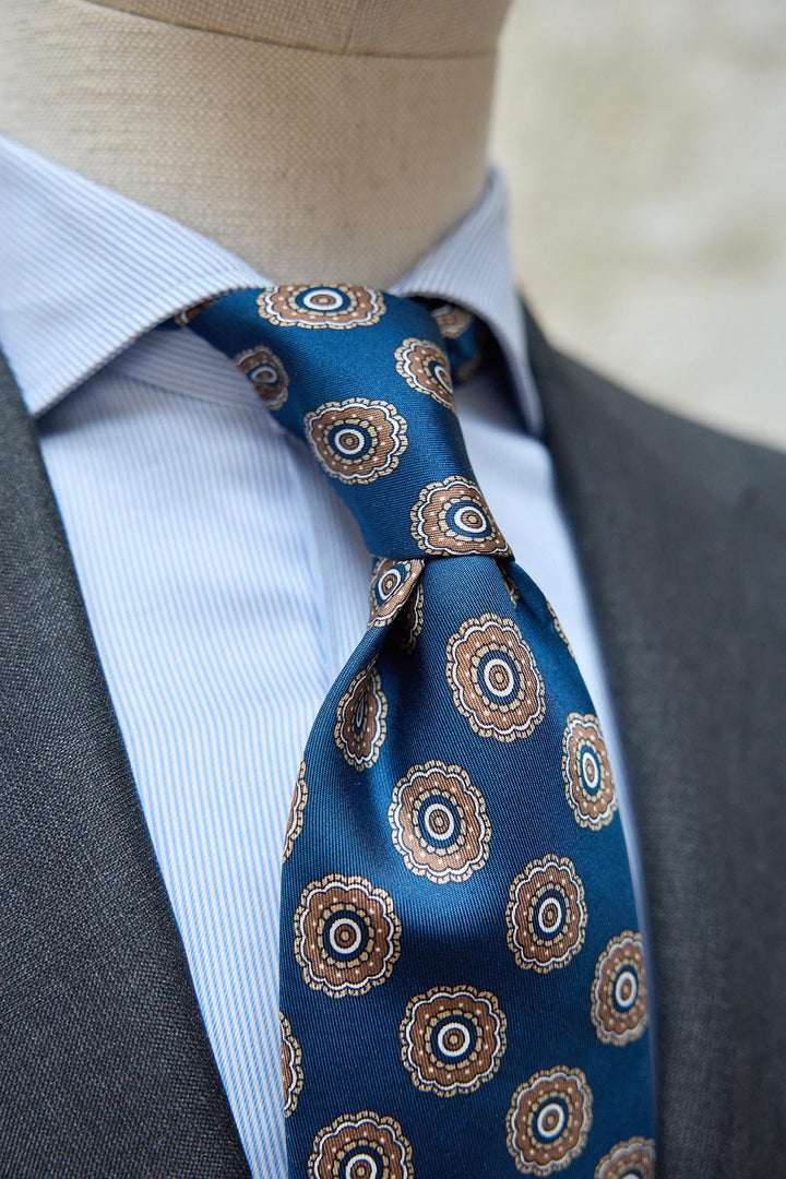 Oxford Blue Silk Tie with Brown and White Medallions