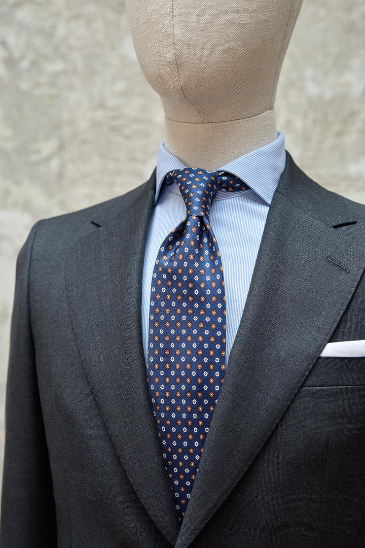 Napoli Blue Silk Tie With White and Brown Daisies