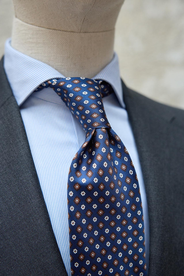 Napoli Blue Silk Tie With White and Brown Daisies