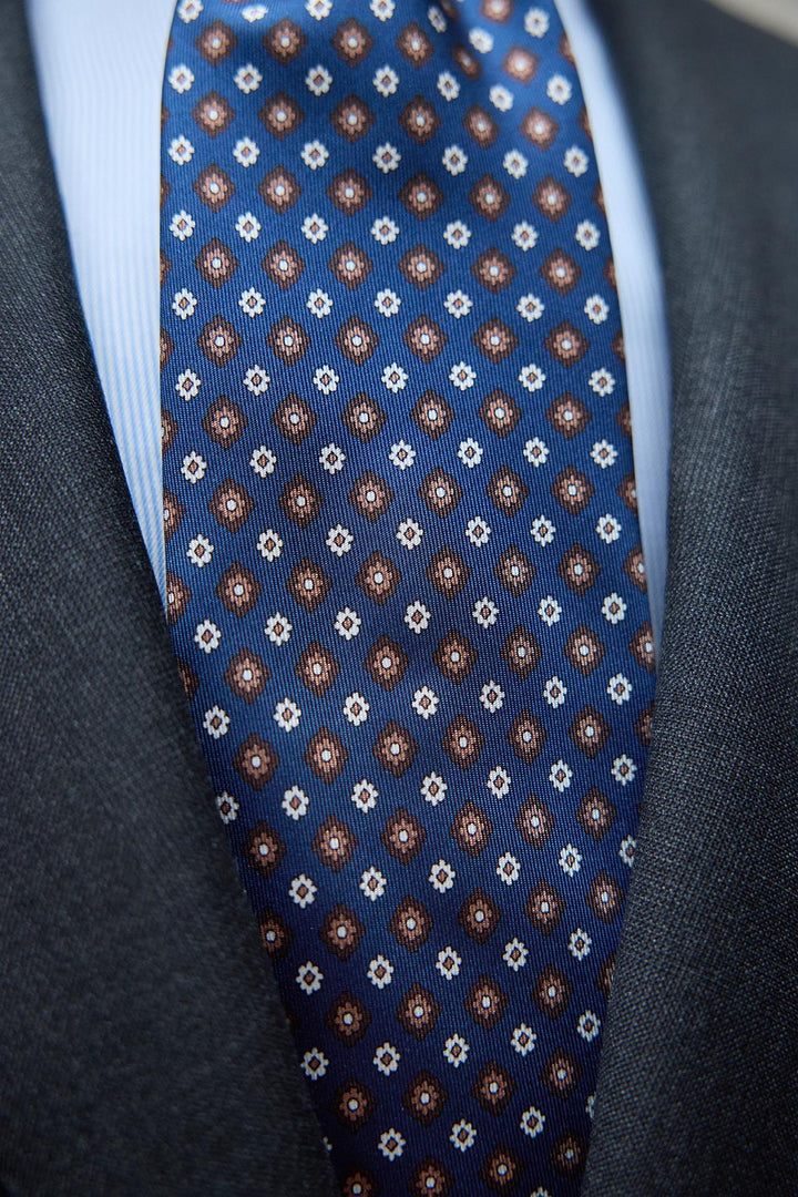 Napoli Blue Silk Tie With White and Brown Daisies