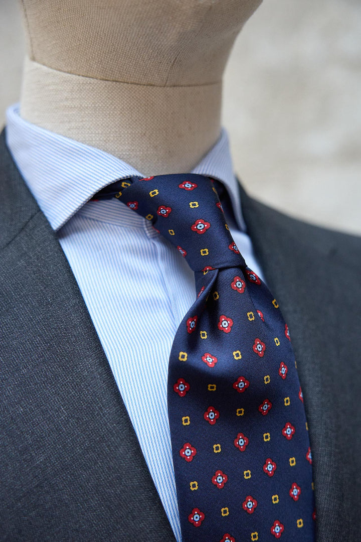 Napoli Silk Tie Navy Blue Mixed Geometry Ruby, Yellow White and Light Blue