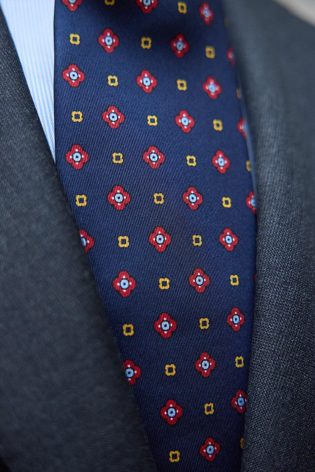 Napoli Silk Tie Navy Blue Mixed Geometry Ruby, Yellow White and Light Blue