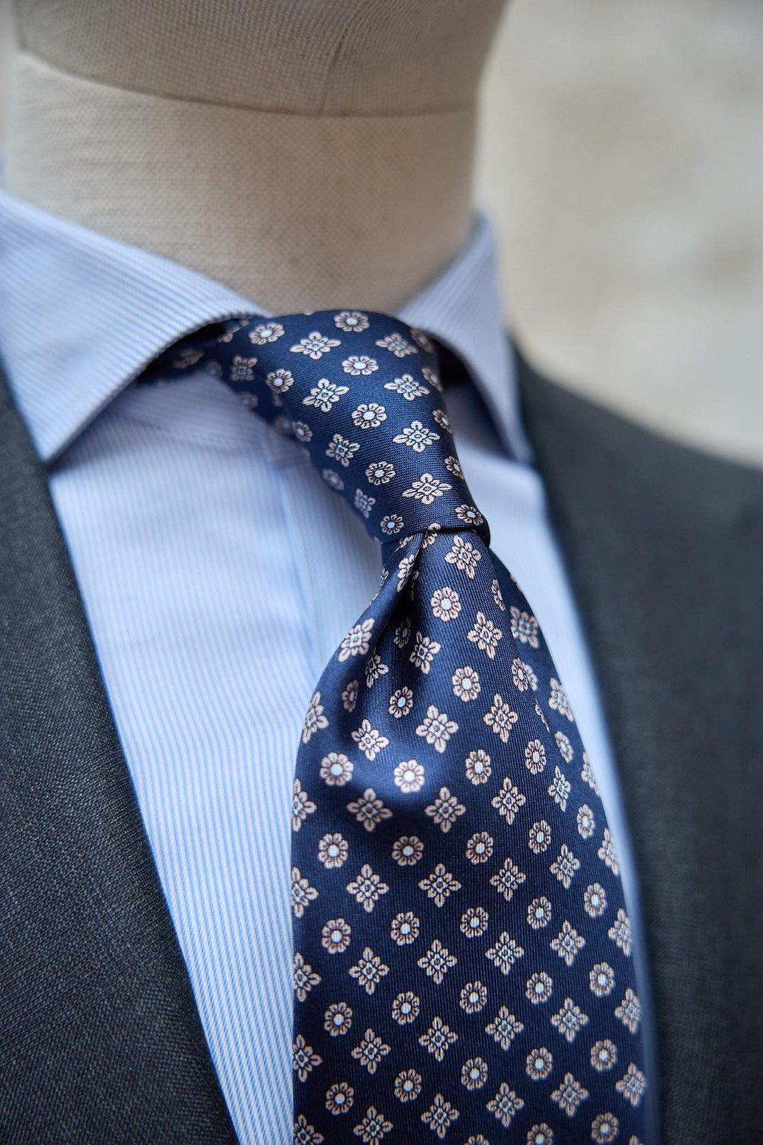 Napoli Silk Tie Navy Blue Geometric Flowers White Bone