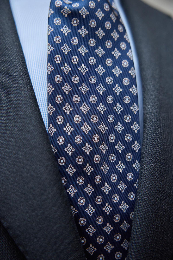 Napoli Silk Tie Navy Blue Geometric Flowers White Bone