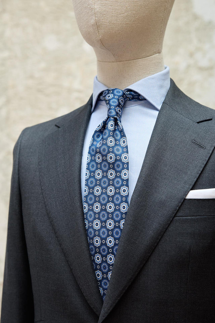 Napoli Navy Blue Silk Tie with White and Light Blue Geometry