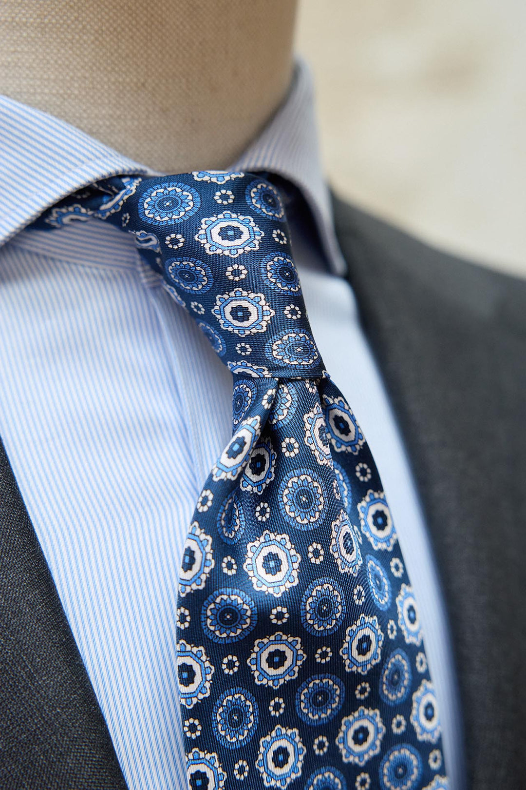 Napoli Navy Blue Silk Tie with White and Light Blue Geometry