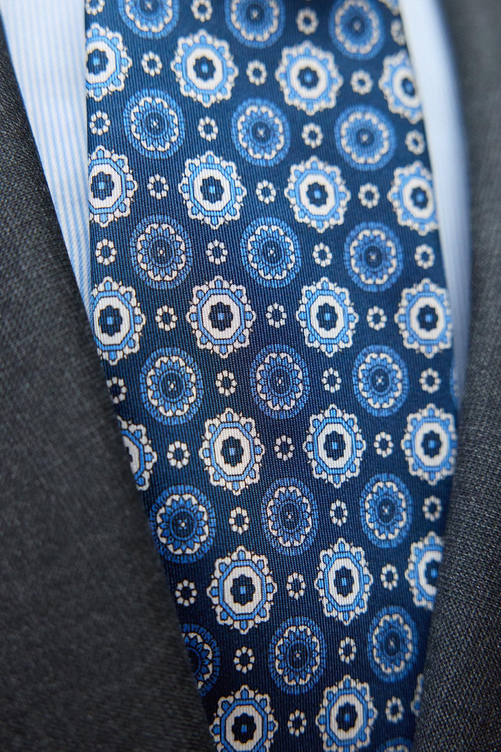 Napoli Navy Blue Silk Tie with White and Light Blue Geometry