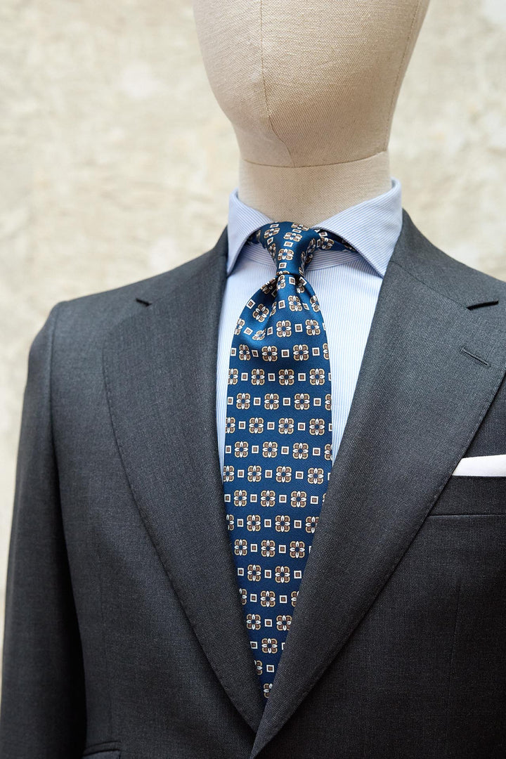 Napoli Silk Blue Daisy Squared White and Brown Tie