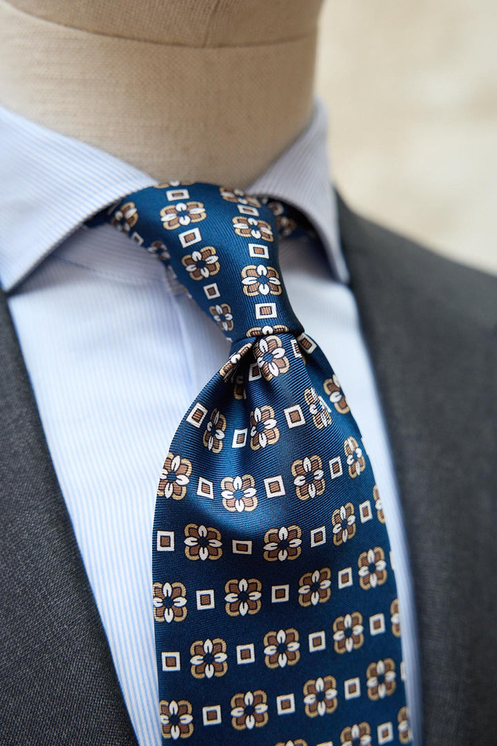 Napoli Silk Blue Daisy Squared White and Brown Tie