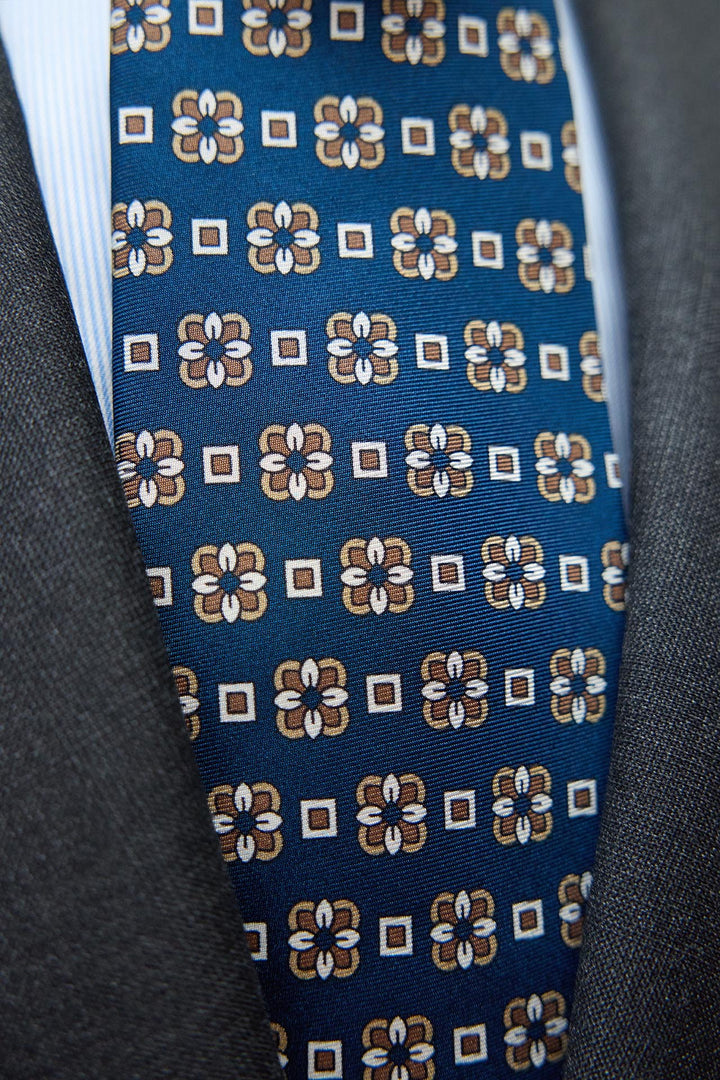 Napoli Silk Blue Daisy Squared White and Brown Tie