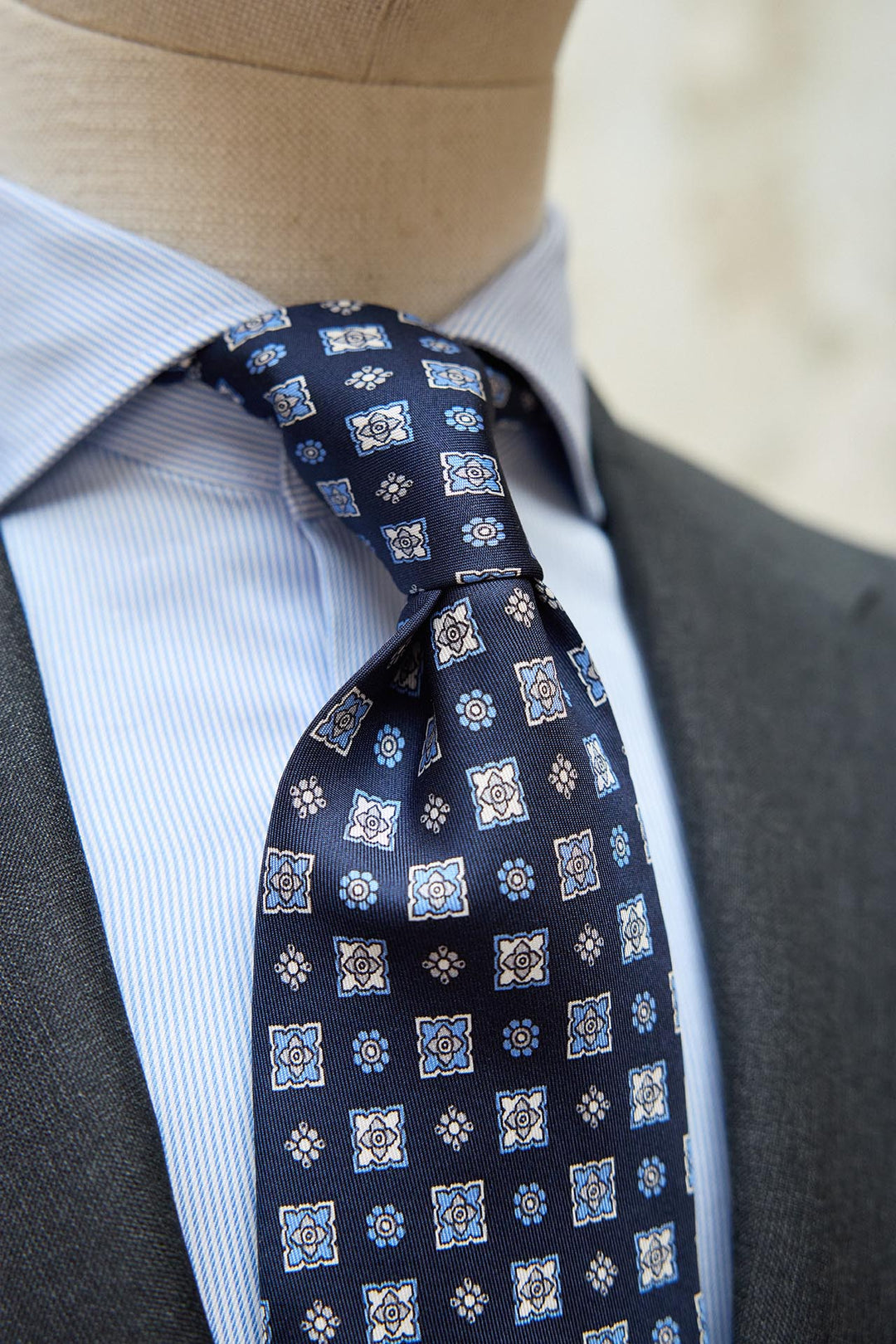 Napoli Silk Tie Navy Blue Mixed Starry Geometry Light Blue and White