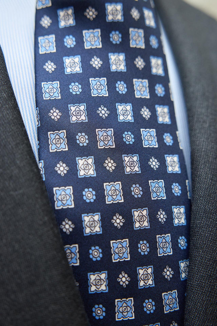 Napoli Silk Tie Navy Blue Mixed Starry Geometry Light Blue and White