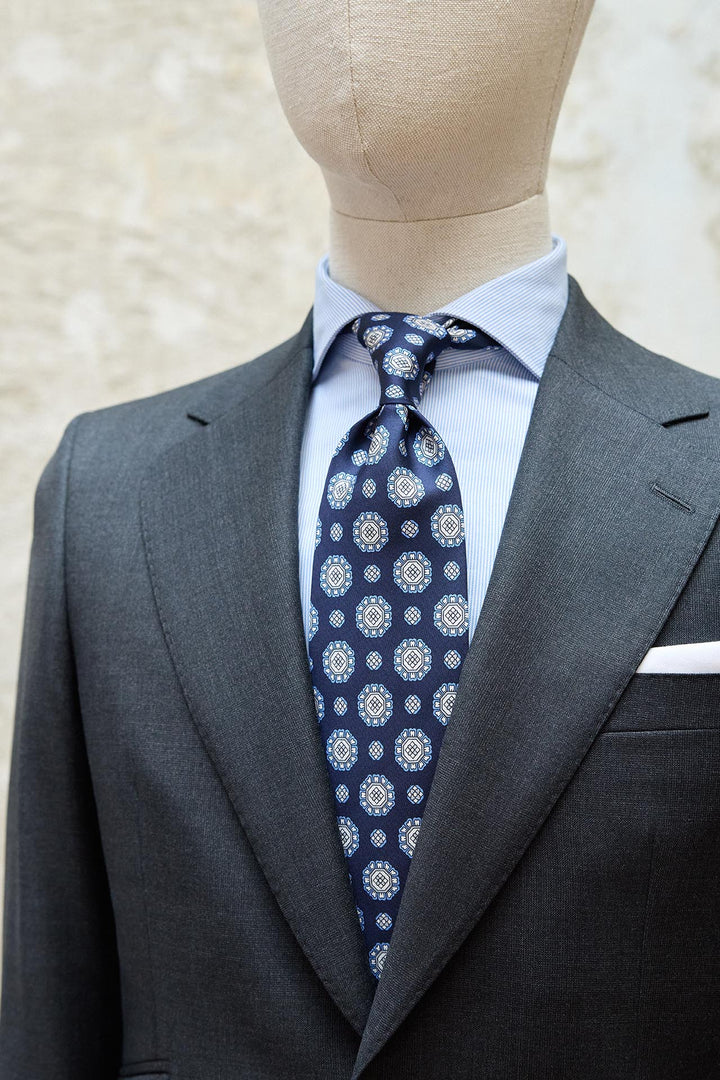 Napoli Navy Blue Silk Tie White and Light Blue Octagonal Medallion