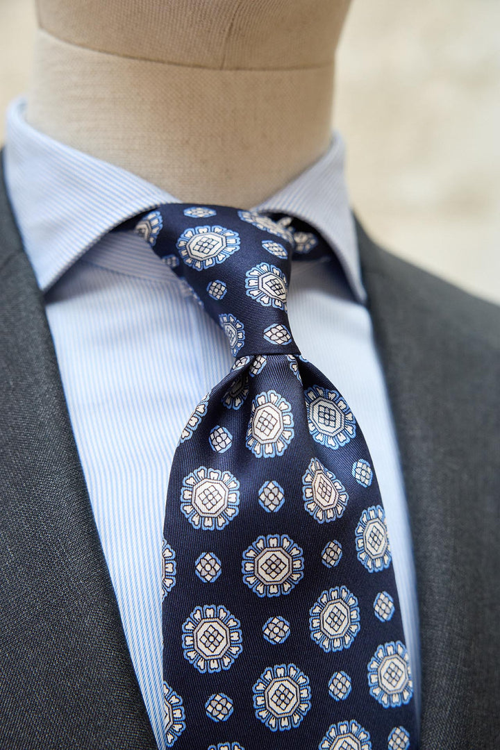 Napoli Navy Blue Silk Tie White and Light Blue Octagonal Medallion