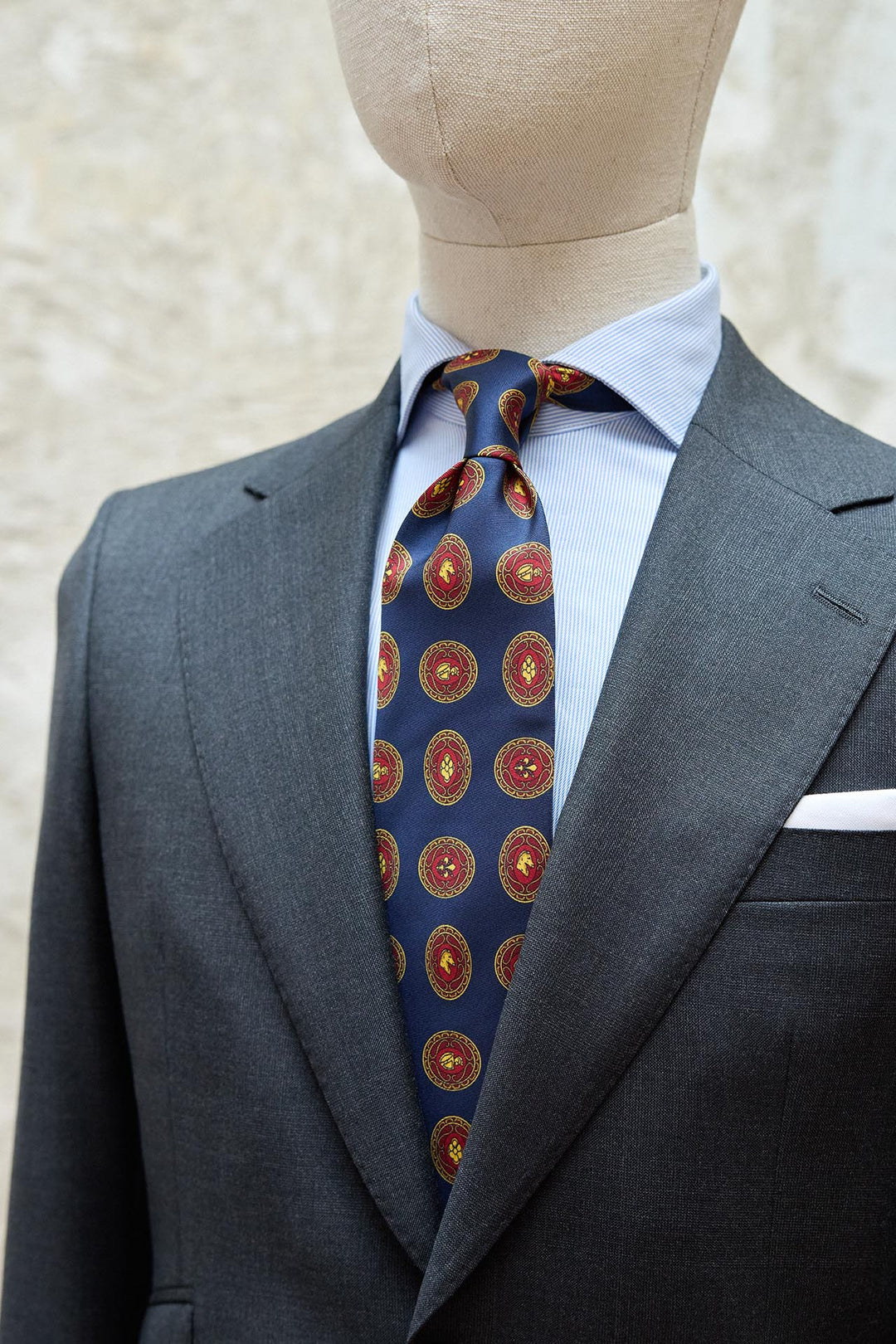 Napoli Navy Blue Silk Tie Red and Yellow Medieval Shield