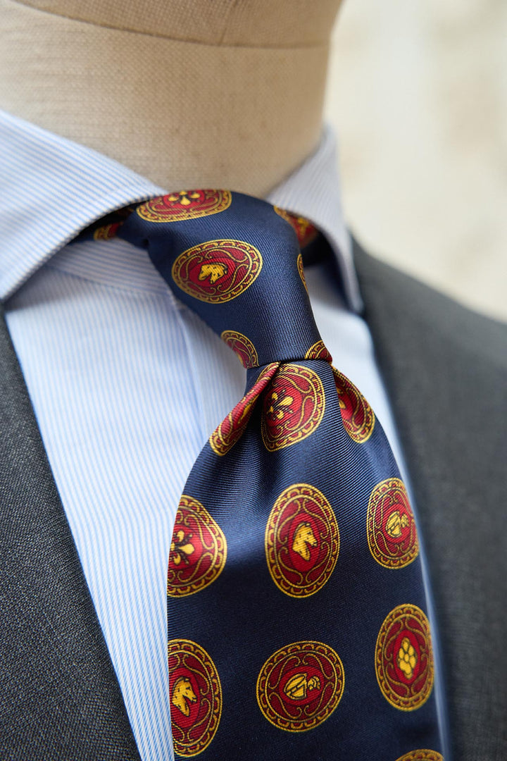 Napoli Navy Blue Silk Tie Red and Yellow Medieval Shield