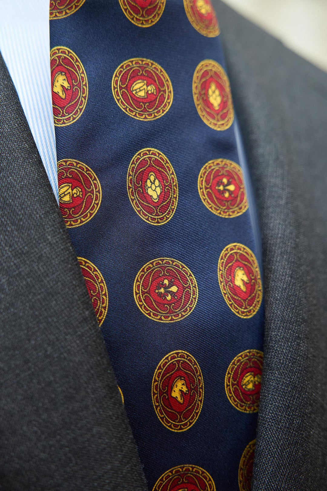 Napoli Navy Blue Silk Tie Red and Yellow Medieval Shield