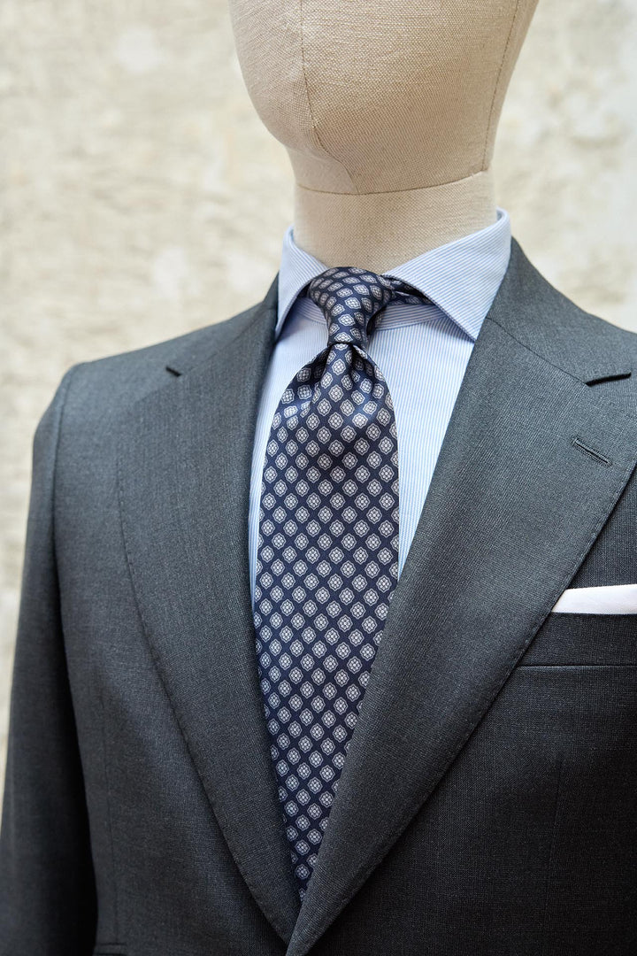 Napoli Navy Blue Silk Tie White and Light Blue Outlined Daisies