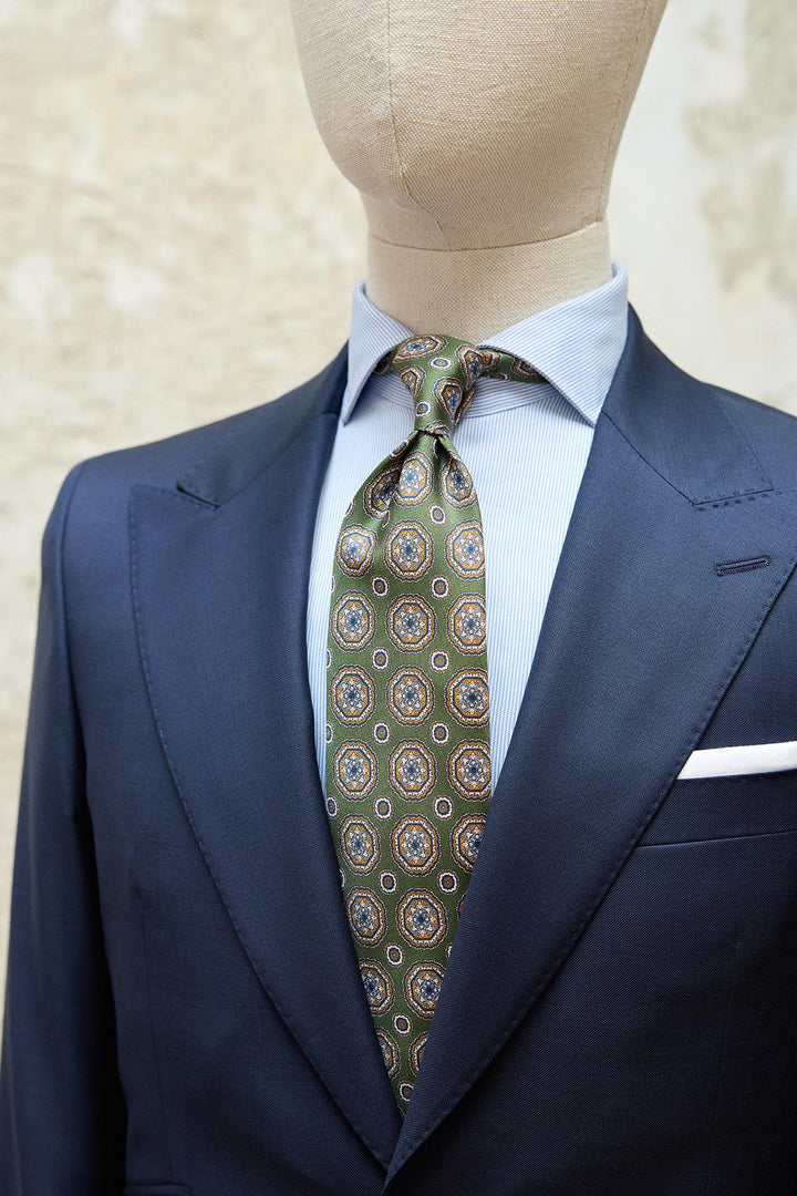 Corbata Napoli Seda Verde Primavera Coronas XL Mostaza y Marino