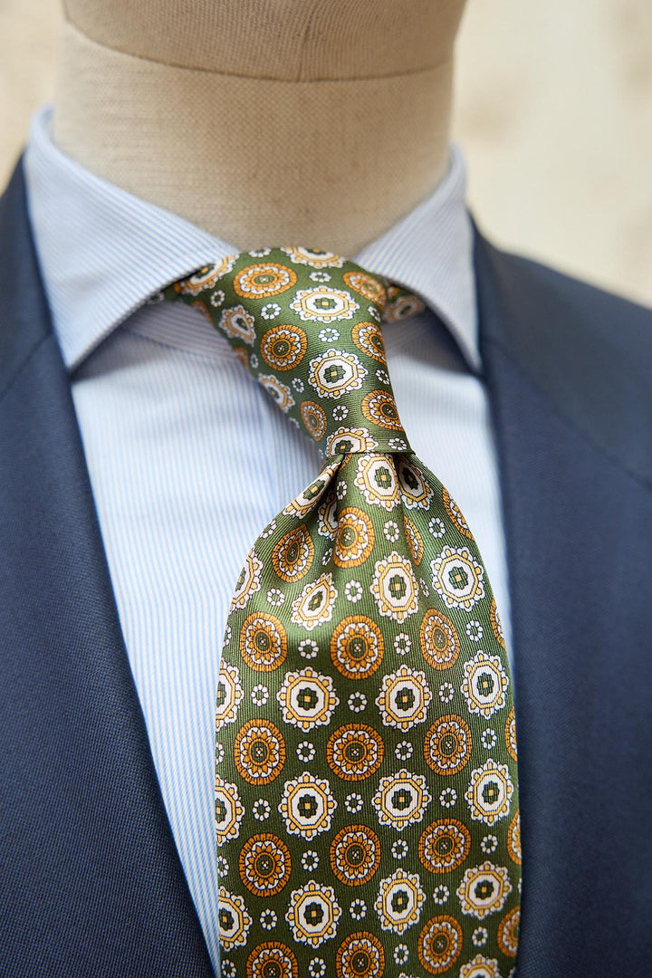 Napoli Silk Tie Basil Green Geometry Amber, White and Yellow