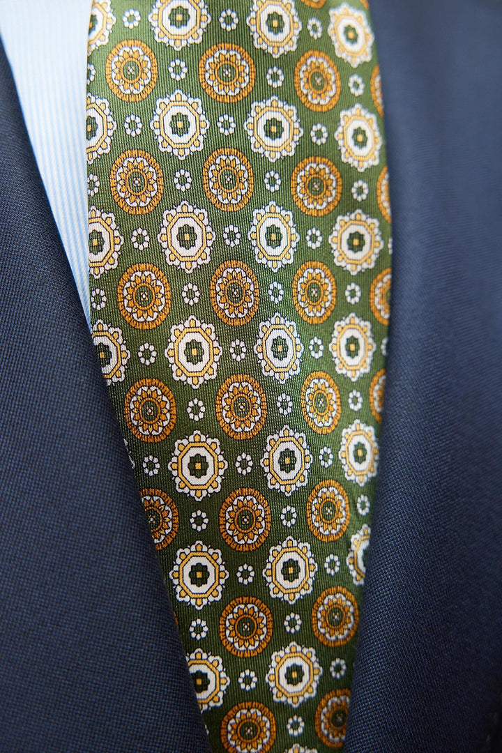 Napoli Silk Tie Basil Green Geometry Amber, White and Yellow